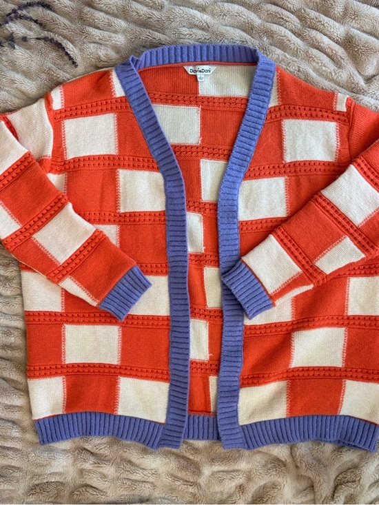 DAVI & DANI Sweaters - Davi & Dani Orange and Cream Checkered Cardigan with Lavender Trim Large